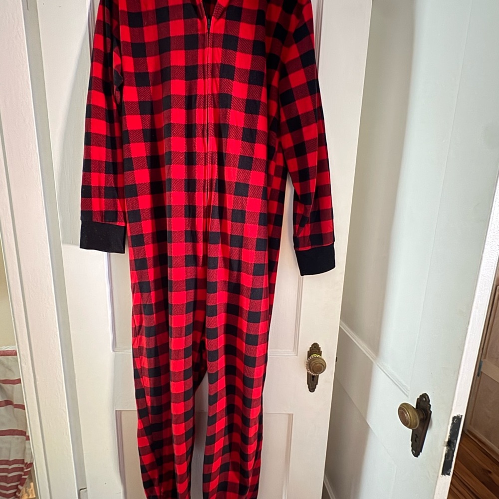 Holiday Onesie in Red and Black Buffalo Plaid fleece, unisex w bear hood, L